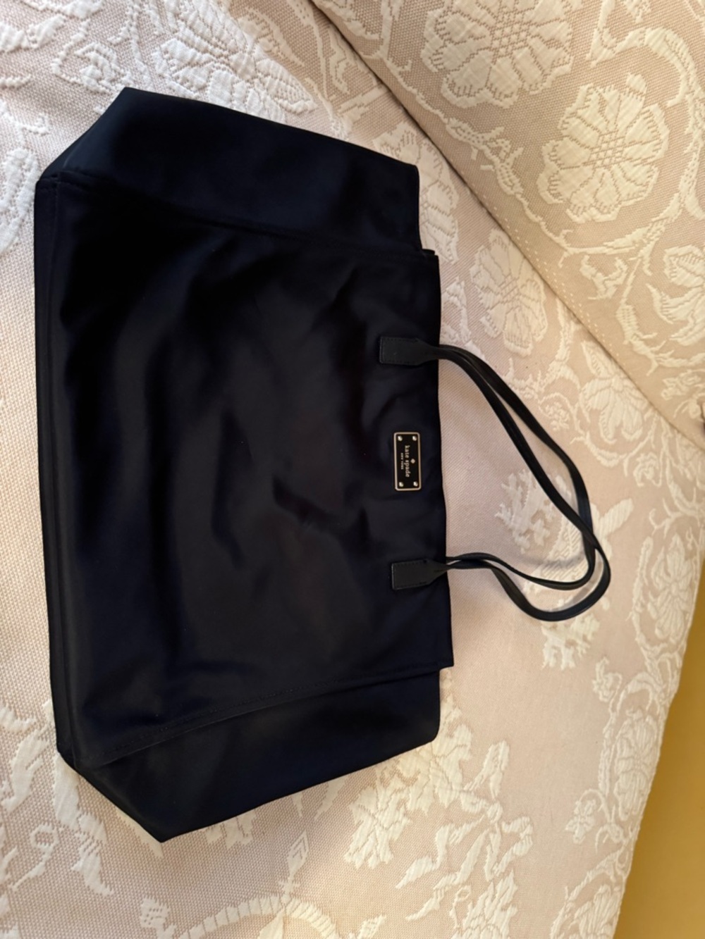 kate spade black nylon shopper tote with gold logo plaque